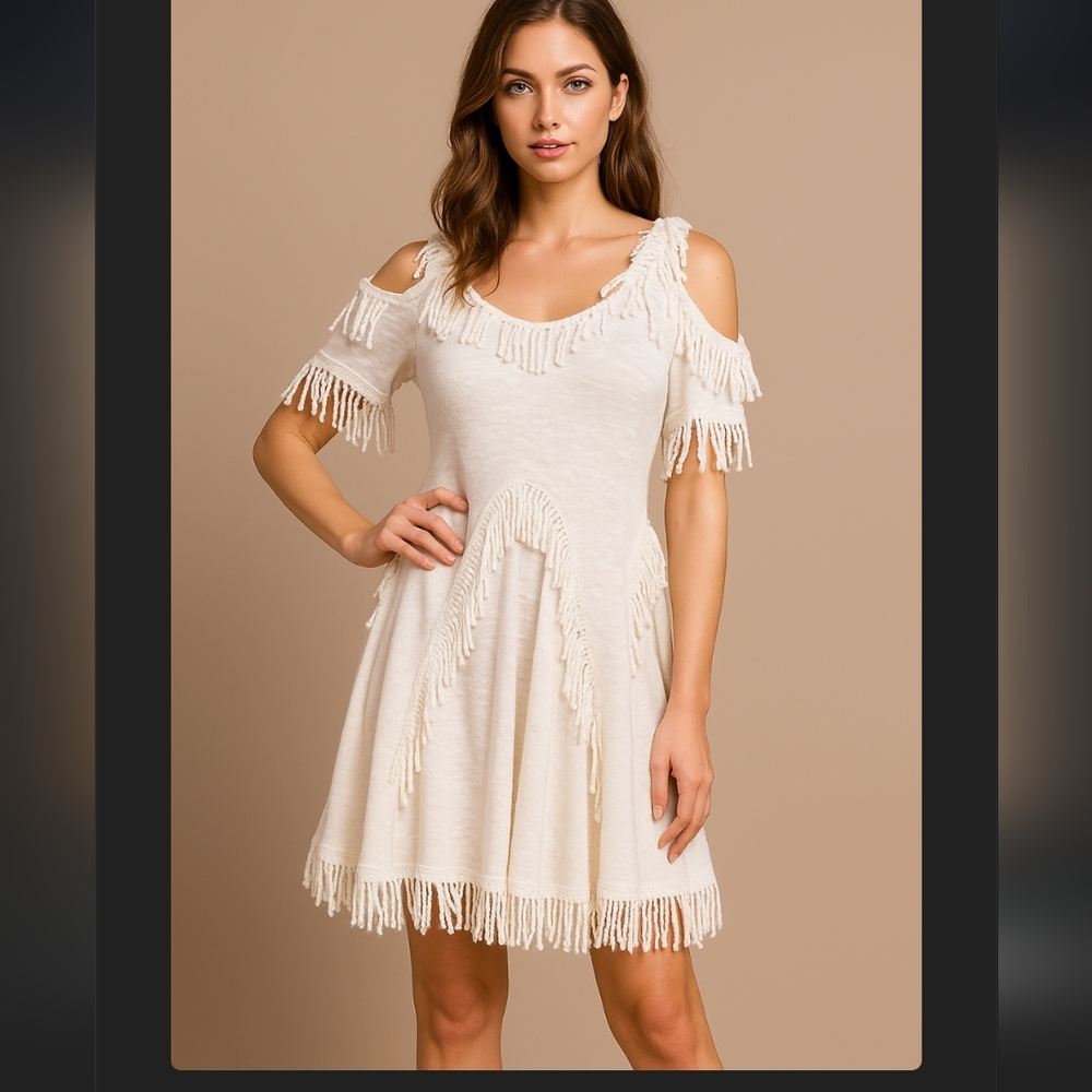 Free People Beach Cream Fringe Cutout Shoulders Dress